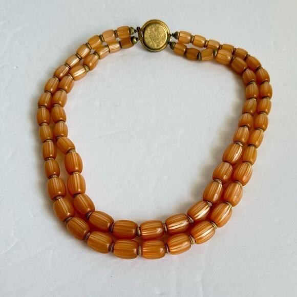 Trifari Moonglow Necklace Multi-Strand Beaded Vintage Crown Peach Orange Lucite - Picture 8 of 10